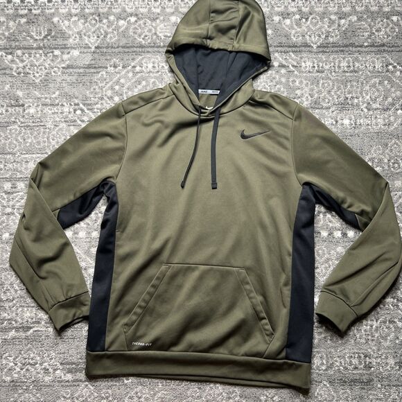 Nike Therma Fit Pullover Hoodie Mens Large Army Green Sweatshirt Fleece Sports - Picture 1 of 9